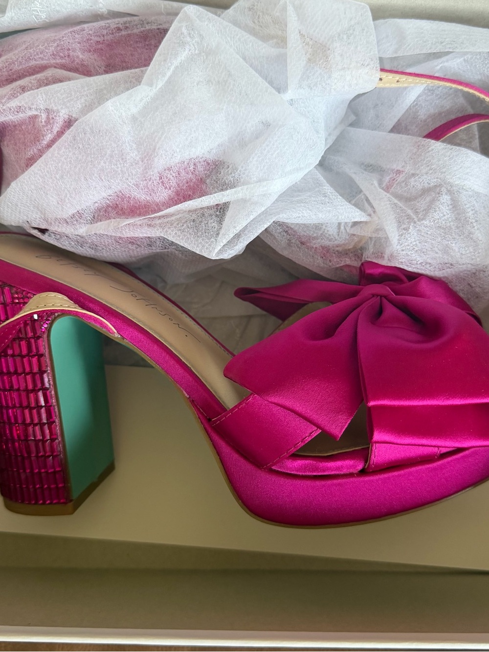 Betsey Johnson Fuchsia Satin Bow Block Heel Sandals